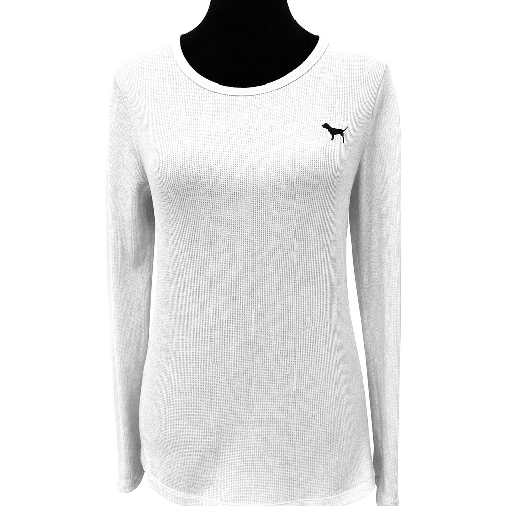 PINK Victoria's Secret Womens Crew Neck Top Large White Thermal Knit PINK Tartan